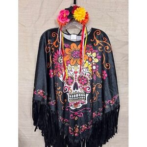 Fun World Day of the Dead Sugar Skull Poncho and Floral Headband Set One Size